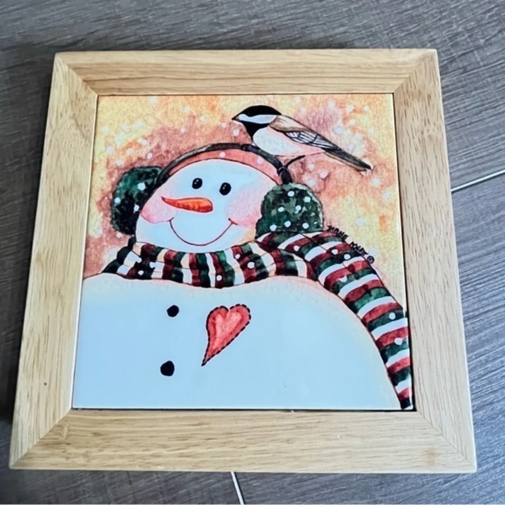 Snowman Ceramic Tile Hot‎ Plate Trivet Wood Frame Border Christmas Diane Knott